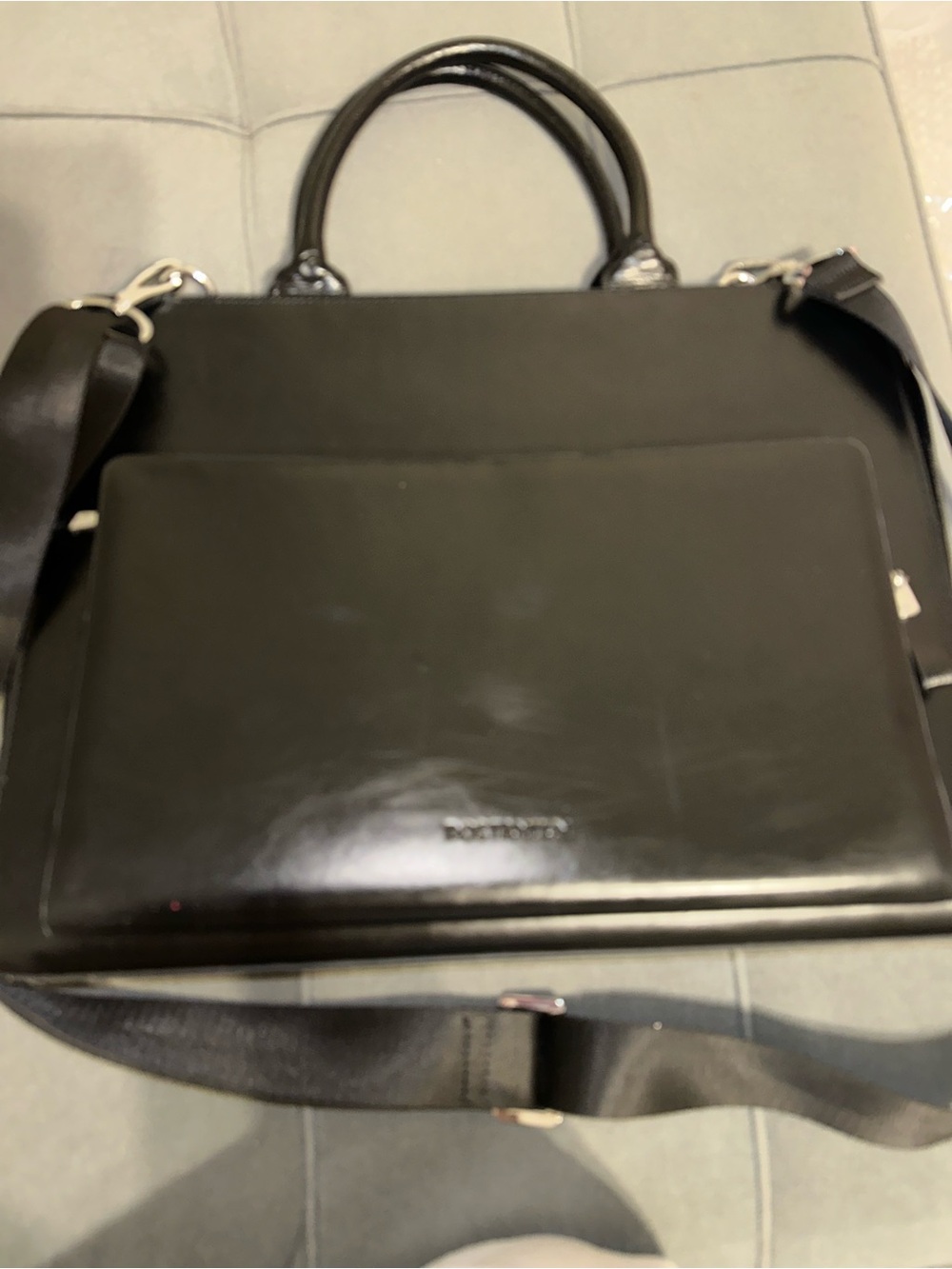 Black Leather Laptop Briefcase with Detachable Strap